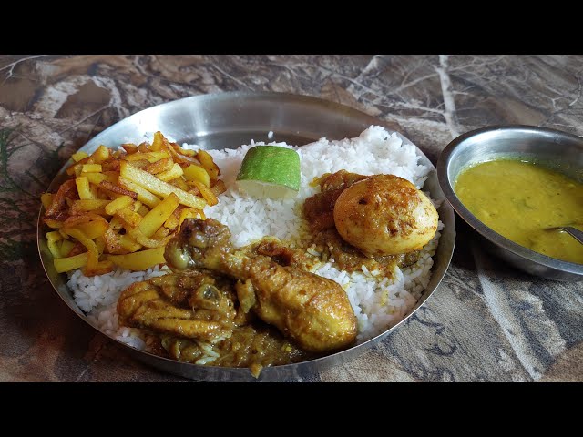 chicken spicy curry egg curry potato fry dal and today i eating | bengali food eating video