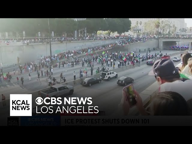 Anti-ICE protesters flood 101 Freeway in downtown Los Angeles