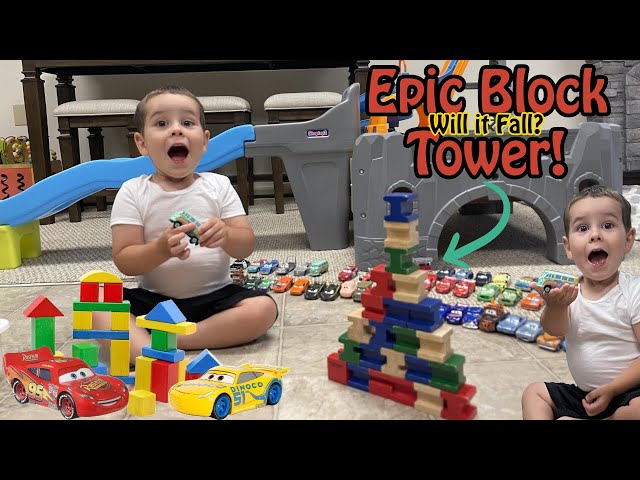 Epic Pixar Cars Ramp Crash into Block Tower! Who Will Knock It Over?