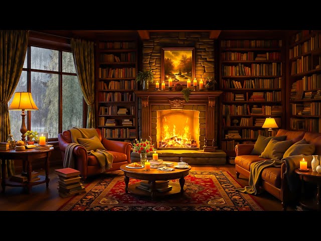 A Rainy Night in Cozy Reading Nook Ambience 🌧️ Relaxing Jazz, Rain & Fireplace Sounds for Deep Sleep