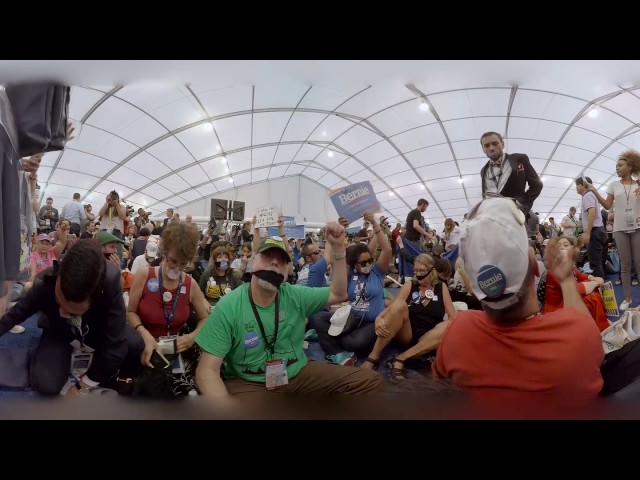 Inside the media tent, during a sit-in by Sanders supporters