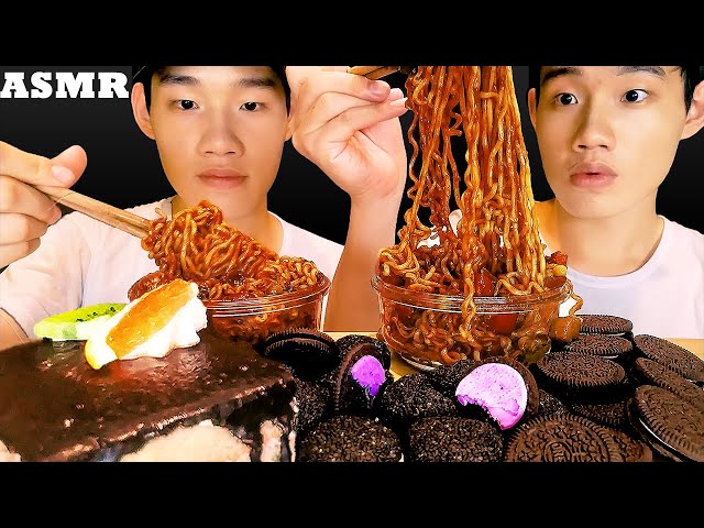 ASMR BLACK FOOD (OREO ICE CREAM, MOCHI, BLACK BEAN NOODLES,CAKE) EATING SOUNDS | TANTAN Twins ASMR