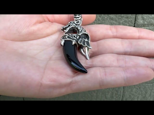 Dragon Wolf Sterling Silver Black Onyx Tusk Pendant