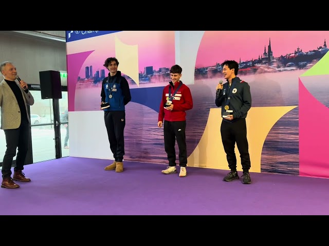 2025 European Championships men free skating small medal ceremony: Britschgi, Memola, Siao Him Fa