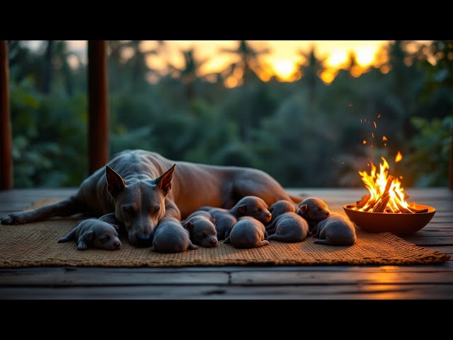 Thai Ridgeback surrounded by her tiny sleeping pup