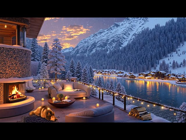 Relaxing Jazz by a Warm Fireplace | Cozy Winter Night on a Snowy Terrace with Scenic Village View