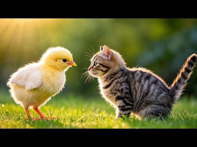 World Cute Chickens & cats cute - Colorful Chickens - Rainbows Chickens - beautiful chicken - Cat