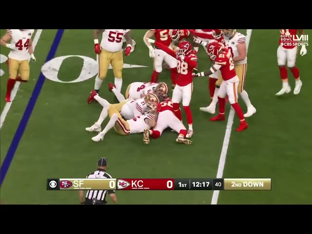 Christian McCaffrey fumbles on the 1st drive of Super Bowl 58