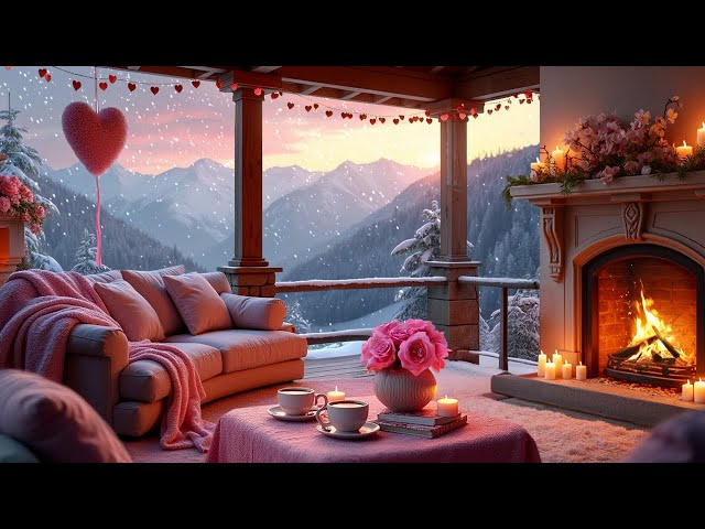 🎷 Romantic Jazz & Fireplace on a Mountain ✨ Valentine’s Day Ambience with Snow & Candlelight