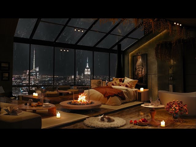 Cozy Bedroom With A Night View Of New York In Heavy Rain  Rain Sounds, Rain On Window