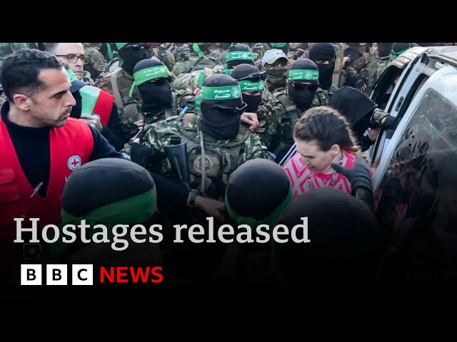 Hamas gunmen release 3 hostages in show of force as ceasefire begins | BBC News