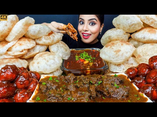 ASMR Eating Spicy Mutton Curry,Tawa Fry Chicken Curry,Poori,Rice,Egg Big Bites ASMR Eating Mukbang