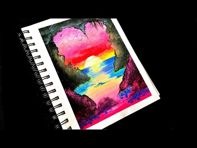 Sunset through the heart-shaped cave- Easy Oil Pastel Drawing / step-by-step tutorial