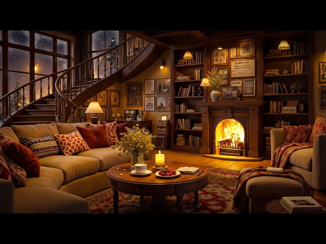 Cozy Winter Night ❄ Soft Jazz Music and Crackling Fireplace in Warm Cottage Ambience for Relaxation