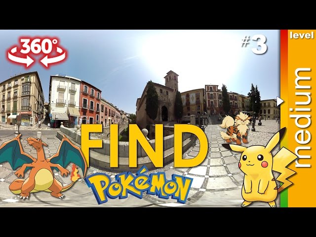 Pokemon and 360 video. Find: Lucarion, Pikachu, Arcanine, Charizard. GO! (medium) Game 3