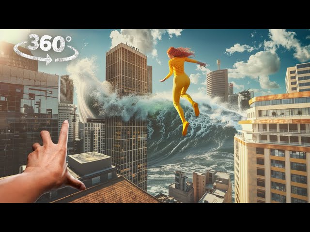 360° Flooded City Escape in VR 360 Helicopter, Crane, and Tsunami Chaos VR 360 Video 4K Ultra HD