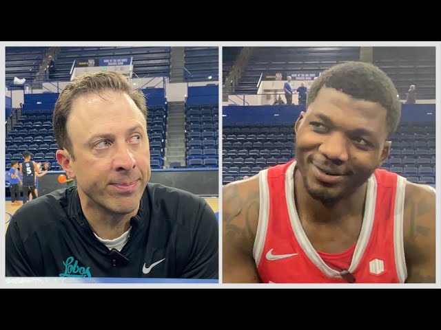 UNM coach Richard Pitino and center Nelly Junior Joseph after UNM's road win at Air Force (2/8/25)