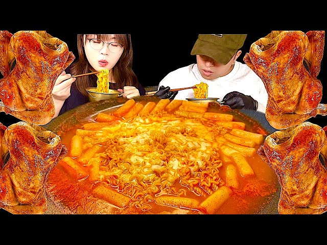 Mukbang Juicy Rotisserie Chicken🍗, Cheesy🧀 Tteok-bokki and Ramen 🍜 (ラーメン).