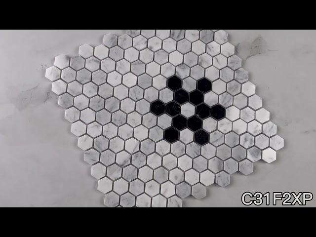 Marble Online - Carrara White Marble 1" Hexagon Snowflake Mosaic Tile Nero Marquina Black Polished