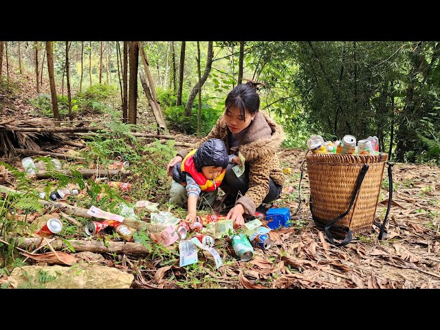 Young girl picking up trash and bottles. Suddenly found a money box in a dilapidated old house