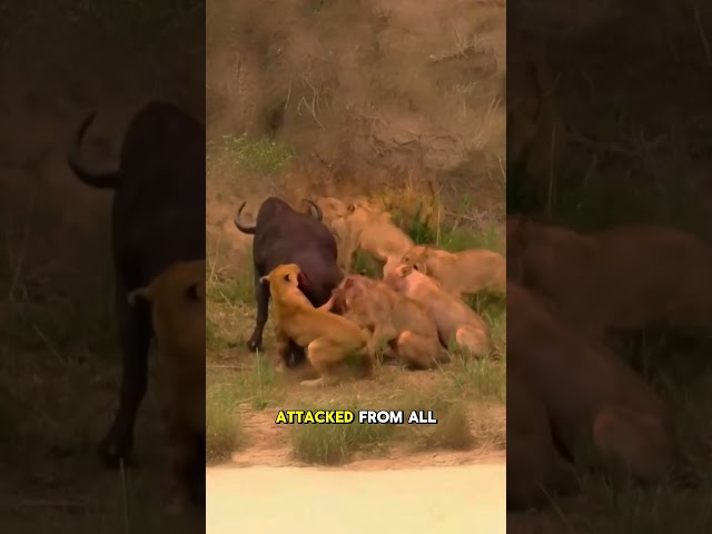 The overwhelming number of lions left the African buffalo helpless in its attempt to escape