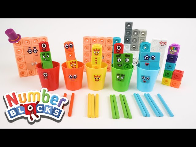 5 Numberblocks Cups Filled with Matching Color Sticks for Adding Numbers for Early Math Learning!