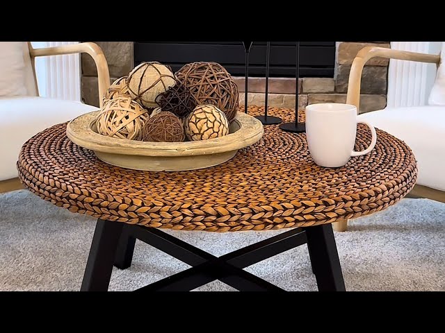 Round Seagrass Coffee Table, Solid Pine Wood, 32 x 17 Inches