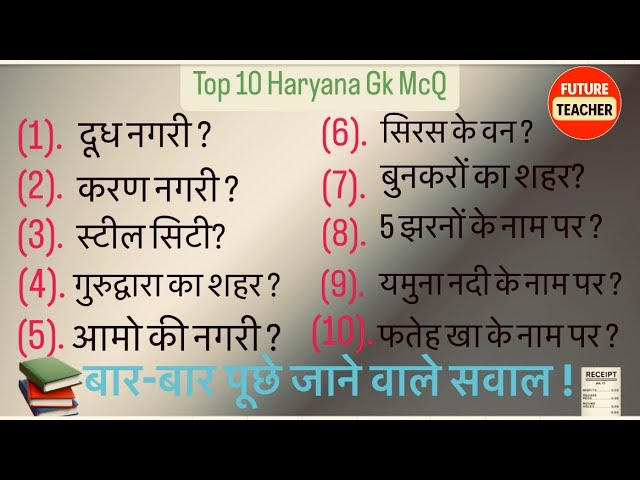 Top 10 MCQ | Haryana gk Questions | selection पक्का 💯 Cet exam Paper | करके दिखाओ ?