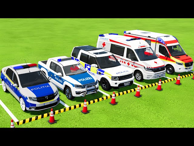 TRANSPORTING ALL POLICE CARS and AMBULANCE EMERGENCY VEHICLES WITH TRUCKS ! Farming Simulator 22