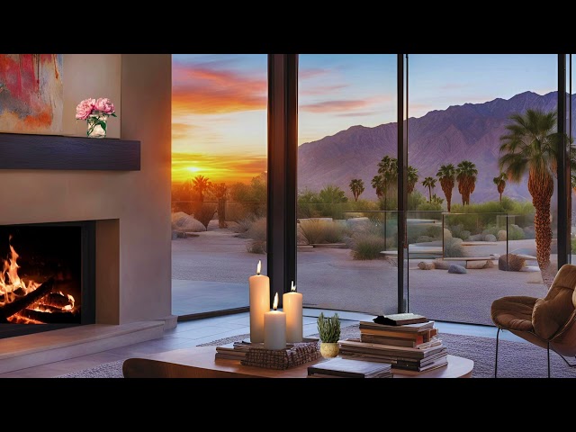 Lofi Music Sleep, Relax, Study, Chill Cozy Palm Springs Fireplace Sunset