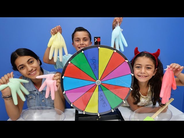 MYSTERY WHEEL OF SLIME GLOVES CHALLENGE!! Family Fun Video