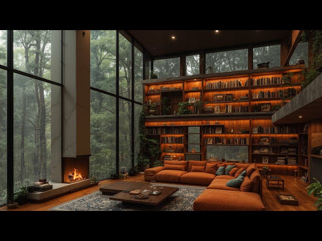 Soft Piano Jazz Background Music at Cozy Rainy Forest Living Room Ambience 🌧️ Jazz Relaxing Music