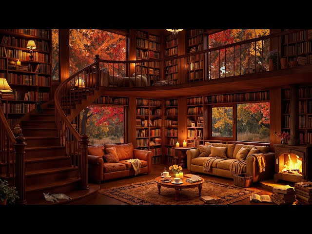 Cozy Fall Library Room Ambience with Soft Jazz Music, Rain, and Fireplace Sounds to Relieve Stress