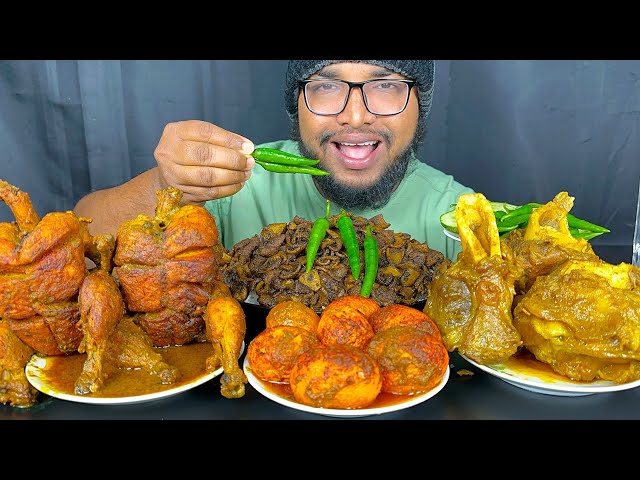 SPICY 2 FULL CHICKEN CURRY, EGG CURRY, BONE MASALA CURRY AND MUTTON BOTI WITH RICE MUKBANG EATING