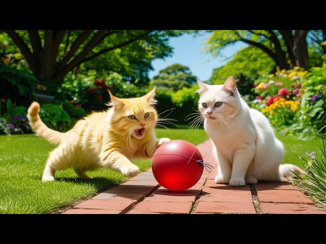 The yellow cat and the white cat played ball together in the garden and ate at home