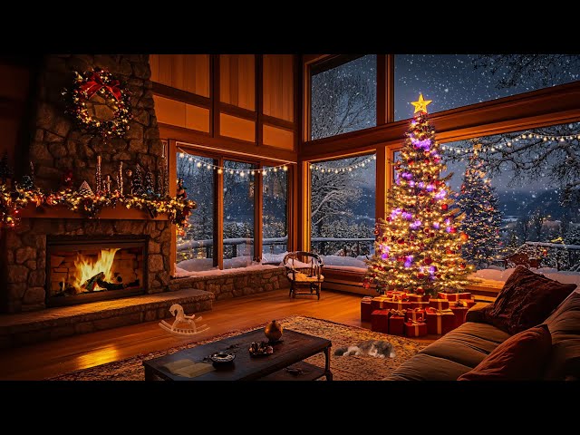 Christmas Atmosphere in a Cozy Winter Cabin with Holiday Piano Music, Snowfall, and Fireplace Sounds