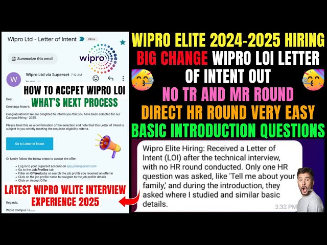 Wipro Elite Hiring 2024-2025 Big Change | No TR & MR Only HR Interview Round | LOI Out Next Process?