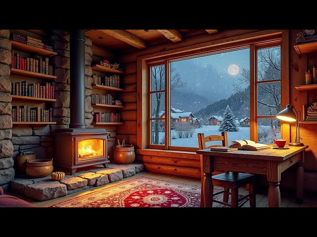 Winter  in Cozy Cabin Ambience ❄️Fireplace Sounds for Relaxation - Soft Piano Music