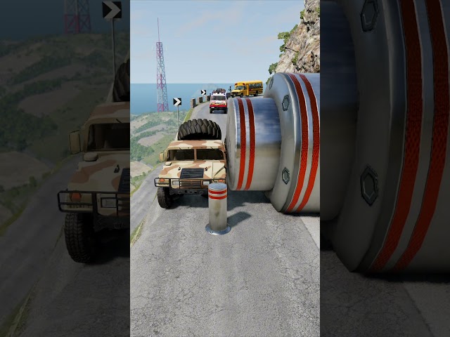 Cars & School Bus vs Giant Pit Bollards Crash #2 - BeamNG.Drive