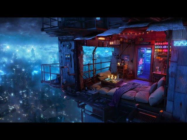 🎵 EverScape above Cyberpunk City: Rain and Ambient Music | Bedroom Shack in a Skyrise | 4K | 10 hrs