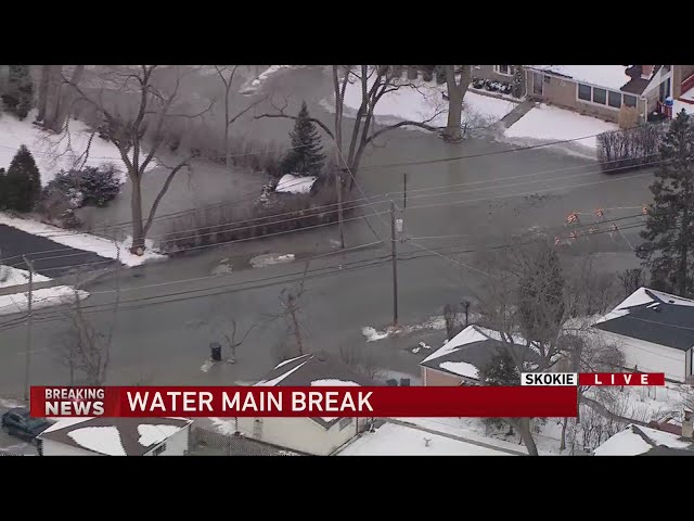 Skokie water main break causing widespread flooding, icy conditions, road closures