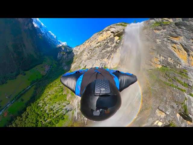 BASE jump flying past a waterfall in Switzerland | Immersive 360 VR