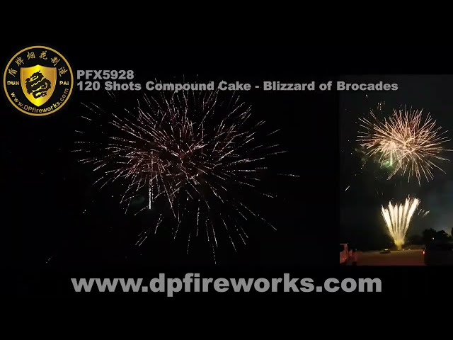 1.4G PRO FIREWORKS: PFX5928 Compound Cake - 120 Shots: Blizzard of Brocades