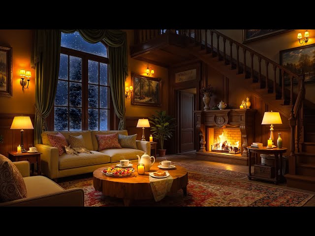 Warm Room with Soothing Jazz Music & Fireplace Sounds ~ Cozy Ambience for Peaceful Winter Night