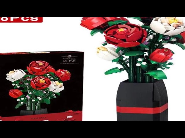 Creative Red Rose Vase Plants Model Building Blocks Moc Romantic Classic Flowers Bouquet Potted Bric