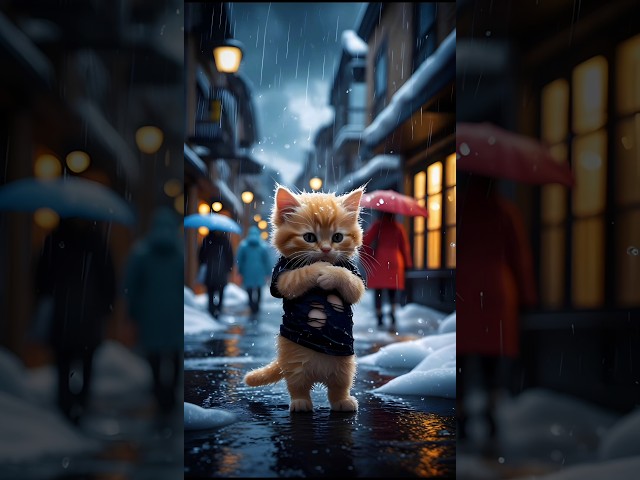 Poor cat had no umbrella in rain and cold🥶😿, worked hard to buy an umbrella. #poorcat