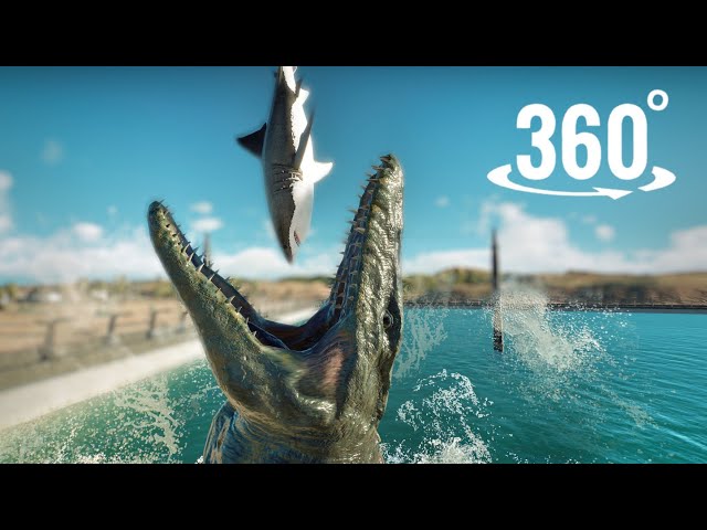 DINOSAUR vs SHARK - Jurassic World Evolution 360° Video with Mosasaurus