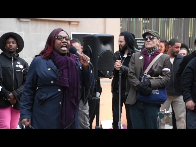 Lourdes Ashley Hunter speaks at the ACT UP 30th anniversary rally in New York City