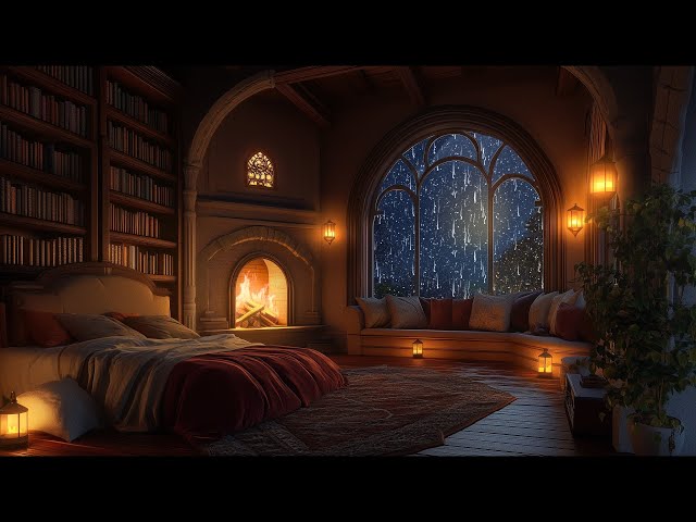 🔴24/7 Charming Castle Room with Rain, Fireplace and Thunderstorm Sounds