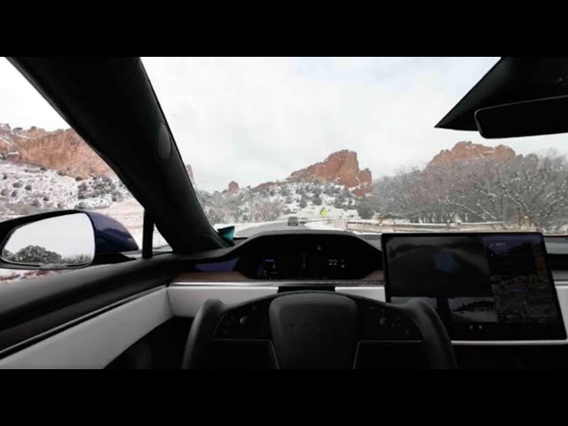 VR 180 Apple Immersive Video: Snowy Garden of the Gods in a Self Driving Tesla Model S Plaid